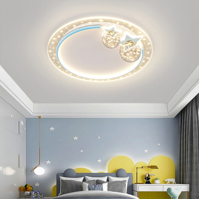 Contemporary Creative Kids Round Orb Stars Hardware Acrylic LED Flush Mount Ceiling Light For Bedroom