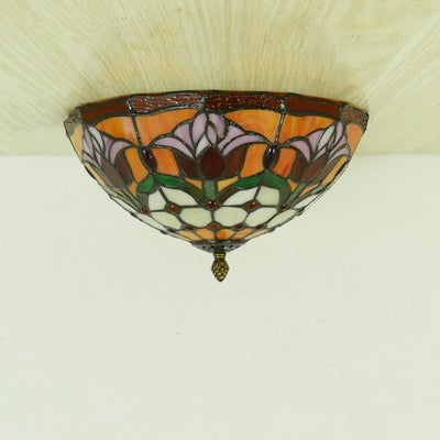 Traditional Tiffany Tulip Stained Glass Iron Dome 2/3-Light Flush Mount Ceiling Light For Living Room