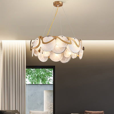 Contemporary Luxury Gold Finish Frame Cloud Texture Glass Disc 8/10-Light Chandelier For Living Room