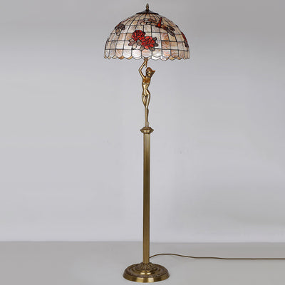 Traditional Tiffany Brass Shell Dome Rose Dragonfly 3-Light Standing Floor Lamp For Living Room