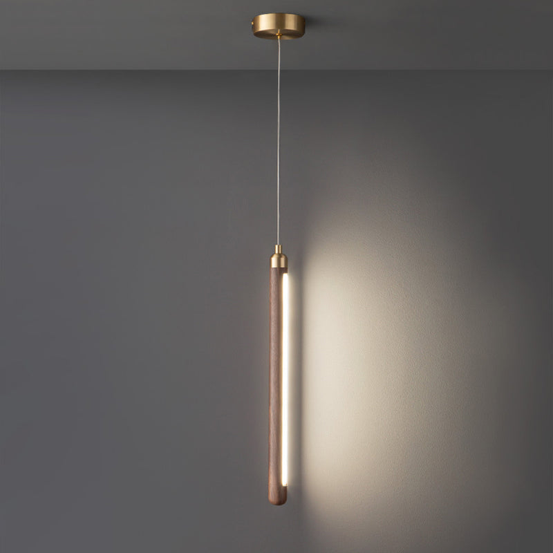 Modern Minimalist Linear Wood Copper Acrylic LED Pendant Light For Bedroom