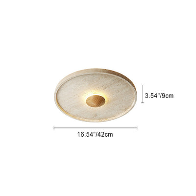 Traditional Japanese Yellow Travertine Disc Shade Wood Grain LED Flush Mount Ceiling Light For Living Room