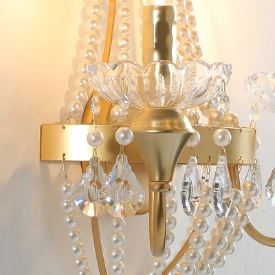 Modern Luxury Half Round Tassel Crystal Iron Pearl 2-Light Wall Sconce Lamp For Bedroom