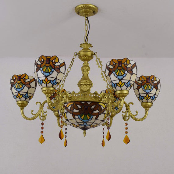 Traditional Tiffany Bead Dome Baroque Iron Glass Alloy 8/11 Light Chandeliers For Living Room