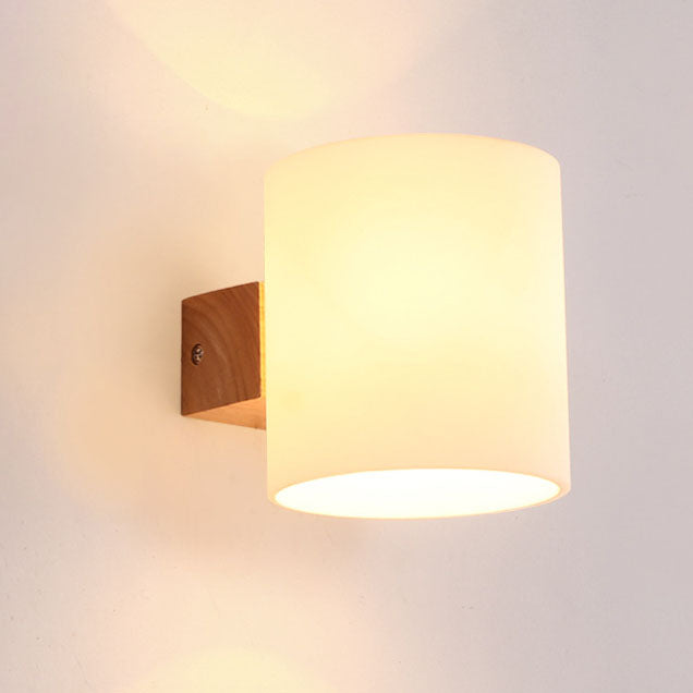 Modern Warm Cylindrical Rubber Wood Glass 1/2 Light Wall Sconce Lamp