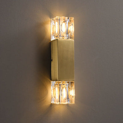 Minimalist Light Crystal Square Column Brass 2-Light Wall Sconce Lamp