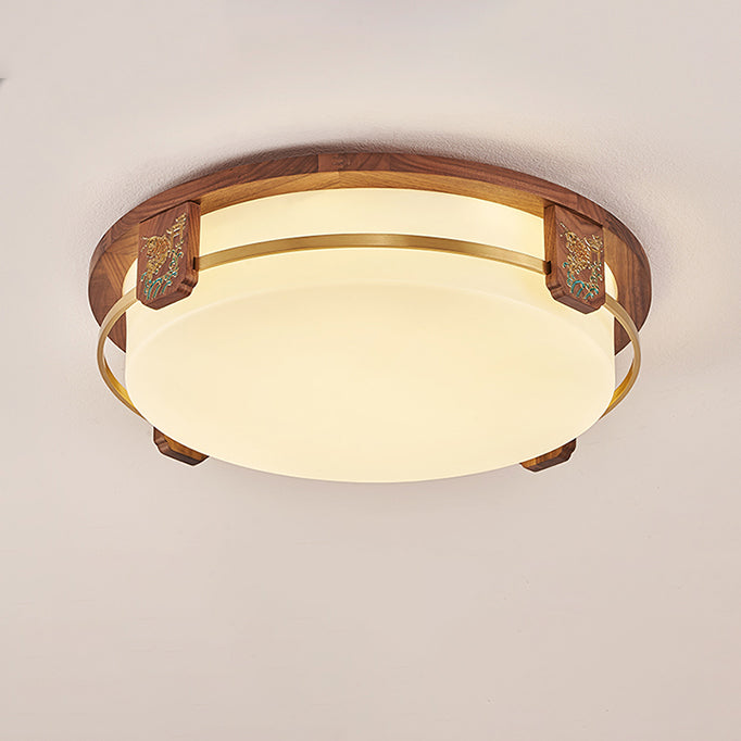 Traditional Chinese Walnut Copper Acrylic Round Square Rectangular LED Flush Mount Ceiling Light For Living Room