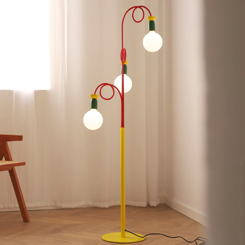 Contemporary Retro Curved Pole Round Ball Fruit Iron Glass 3-Light Standing Floor Lamp For Living Room