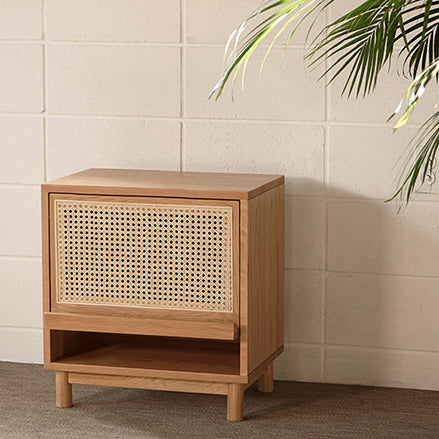 Contemporary Nordic Rectangular Wood Rattan End Table 1-Drawer For Living Room