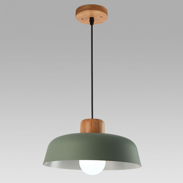 Contemporary Scandinavian Round Bowl Metal Rubber Wood 1-Light Pendant Light For Dining Room