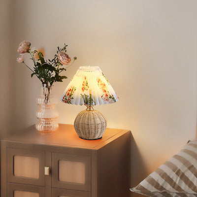 Contemporary Nordic Rattan Fabric Pleated Conic Ball LED Table Lamp For Bedroom