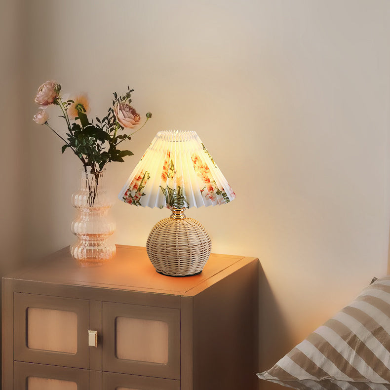 Contemporary Nordic Rattan Fabric Pleated Conic Ball LED Table Lamp For Bedroom