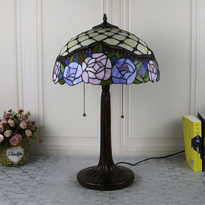 Traditional Tiffany Dome Rose Zipped Zinc Alloy Glass 2-Light Table Lamp For Bedside