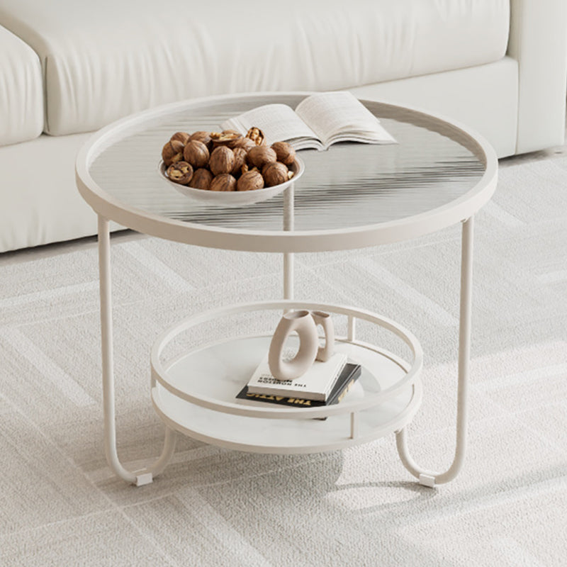 Modern Simplicity Round Striped Glass Slab Metal Coffee Table 2-Tier For Living Room