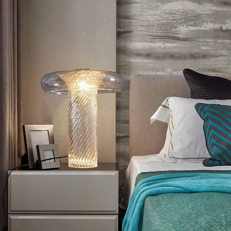 Contemporary Scandinavian Cylinder Circle Curved Stripe Iron Glass LED Table Lamp For Bedroom