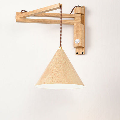 Modern Minimalist Cone Retractable Long Iron Water Turned Wood Grain Wood Wall Sconce Lamp For Bedroom