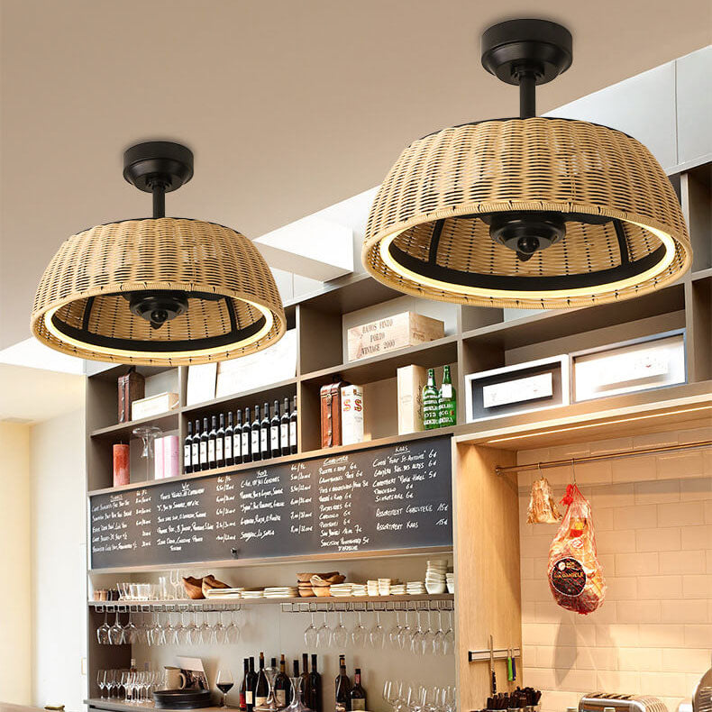 Modern Creative Rattan Weaving Round LED Downrods Ceiling Fan Light