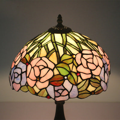 Traditional Tiffany Rose Flower Stained Glass Dome 1-Light Table Lamp For Bedroom