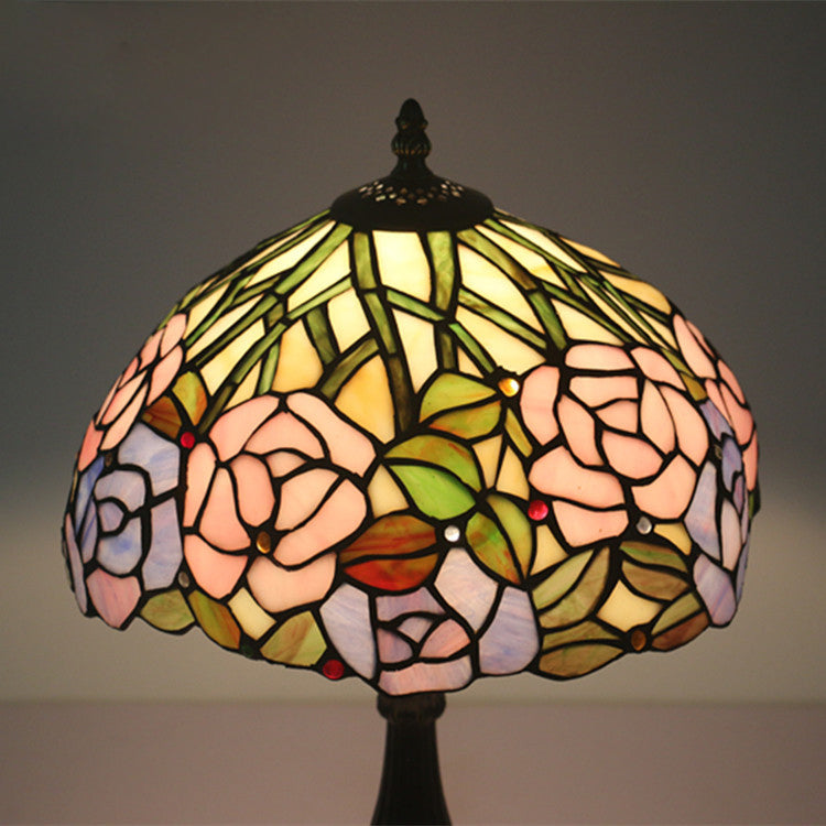 Traditional Tiffany Rose Flower Stained Glass Dome 1-Light Table Lamp For Bedroom