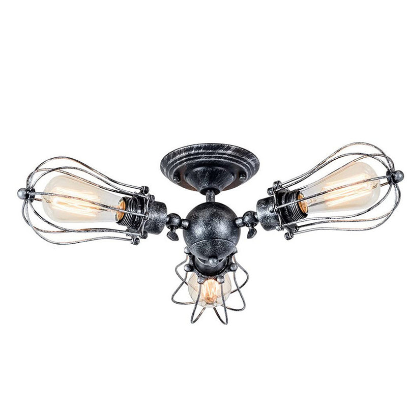 Contemporary Industrial Iron Cage Grill 3/4 Light Semi-Flush Mount Ceiling Light For Living Room