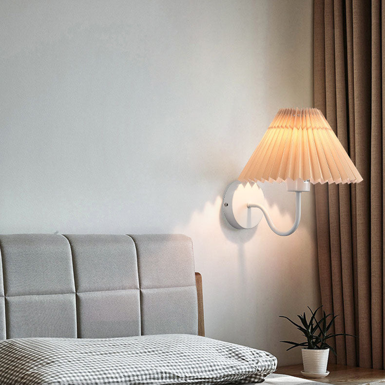 Modern Minimalist Pleated Disc Base Iron Fabric 1-Light Wall Sconce Lamp For Bedroom