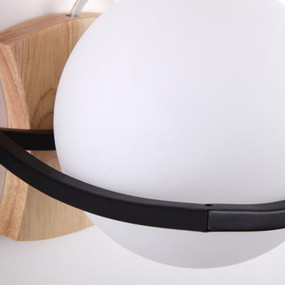 Modern Minimalist Spherical Wood Glass 1-Light Wall Sconce Lamp For Bedroom