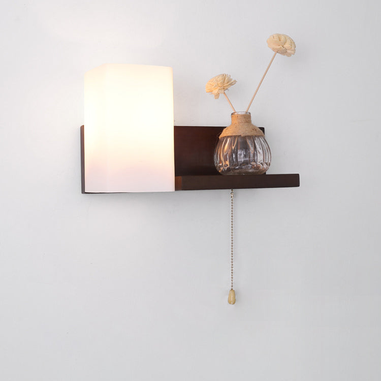 Modern Minimalist Rectangular Square Shelf Wood Glass 1-Light Wall Sconce Lamp For Bedroom