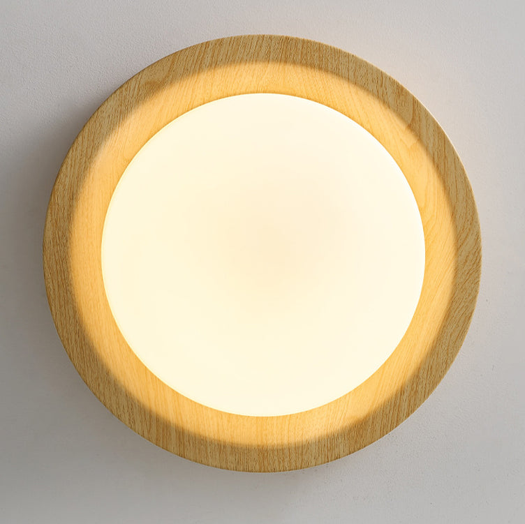 Traditional Japanese Round Glass Wood Grain LED Flush Mount Ceiling Light For Bedroom