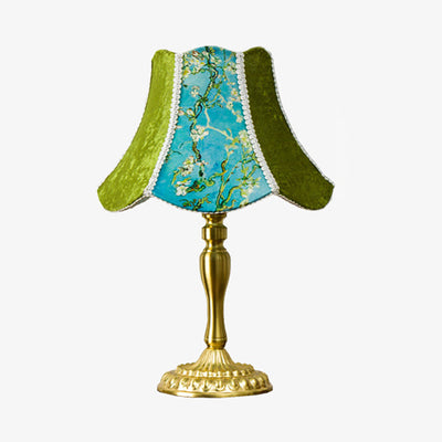 Traditional European Metal Fabric Floral Painted Frilled 1-Light Table Lamp For Bedroom