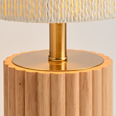 Traditional Japanese Round Cylinder Paper Rope Wood 1-Light Table Lamp For Bedroom