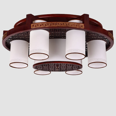 Traditional Chinese Square Round Faux Sheepskin Wood 6/9 Light Flush Mount Ceiling Light For Bedroom