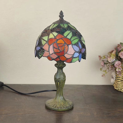 Traditional Tiffany Dome Flower Zinc Stained Glass 1-Light Table Lamp For Bedroom