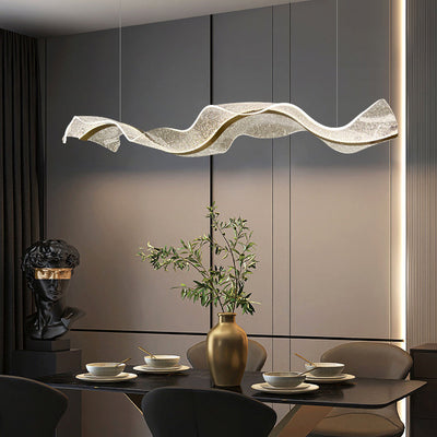 Contemporary Creative Rectangle Wave Ribbon Hardware Acrylic LED Island Light Chandelier For Dining Room