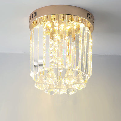 Modern Luxury Round Cylinder Crystal Hardware Base 1-Light Flush Mount Ceiling Light For Hallway