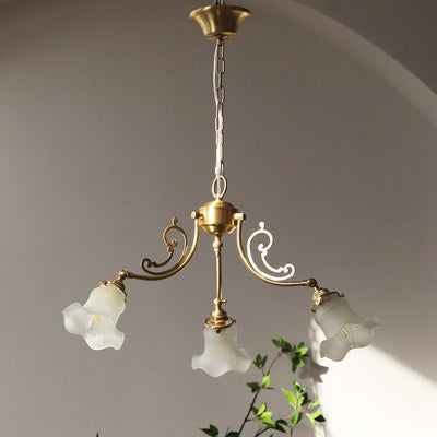 Traditional French Brass Carved Lamp Arm Alabaster Flower Glass 3/5-Light Chandelier For Living Room