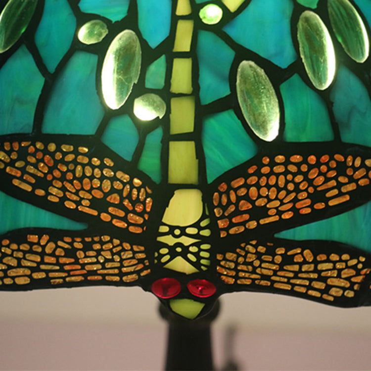 Traditional Tiffany Stained Glass Animal Dragonfly Pattern Zinc Alloy Base 1-Light Table Lamp For Bedroom