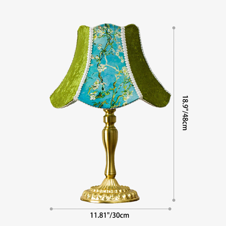 Traditional European Metal Fabric Floral Painted Frilled 1-Light Table Lamp For Bedroom