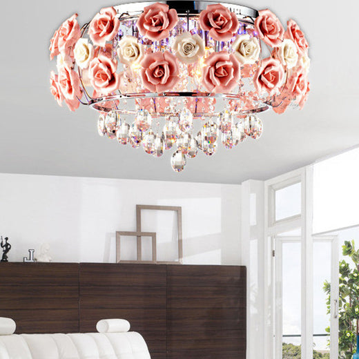 Modern Minimalist Rose Round Crystal Branch Crystal Iron 5/6 Light Flush Mount Ceiling Light For Bedroom