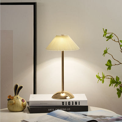 Contemporary Scandinavian Rechargeable Iron Fabric Conic Pleated LED Table Lamp For Bedside