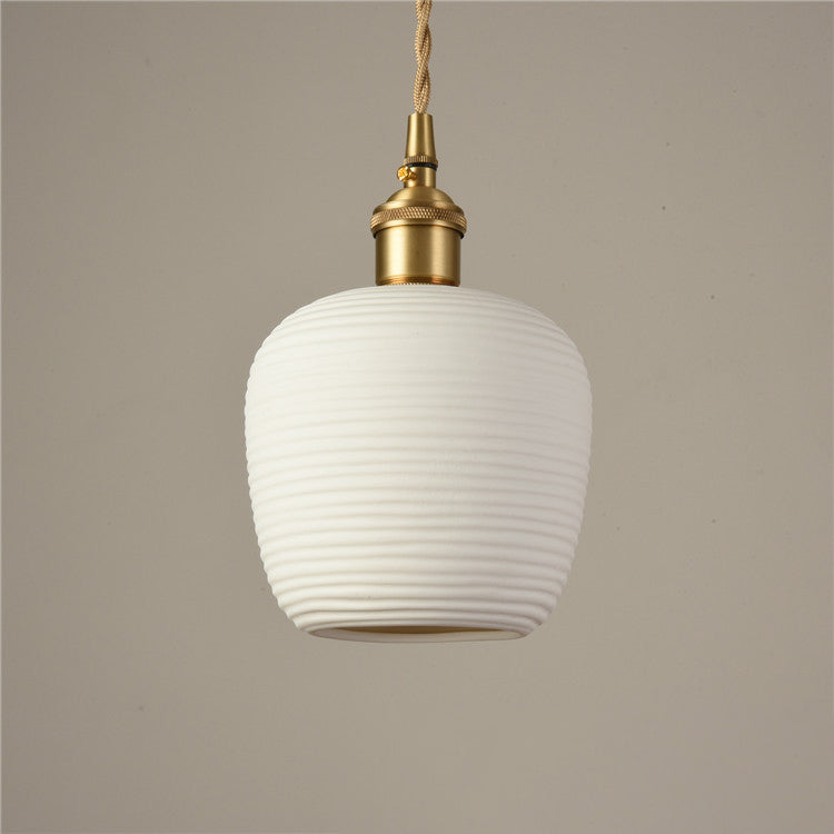 Contemporary Nordic Irregular Cylinder Stripe Ceramic Copper 1-Light Pendant Light For Living Room