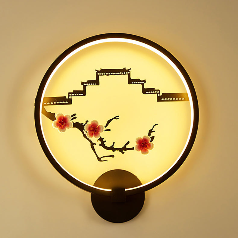 Traditional Chinese Round Plum Blossom Lotus Leaf Aluminum Acrylic LED Wall Sconce Lamp For Living Room