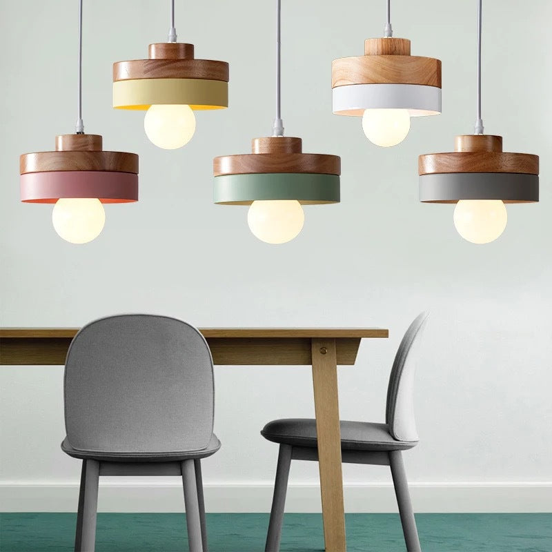 Modern Minimalist Macaron Square Iron Wood 1-Light Pendant Light For Living Room