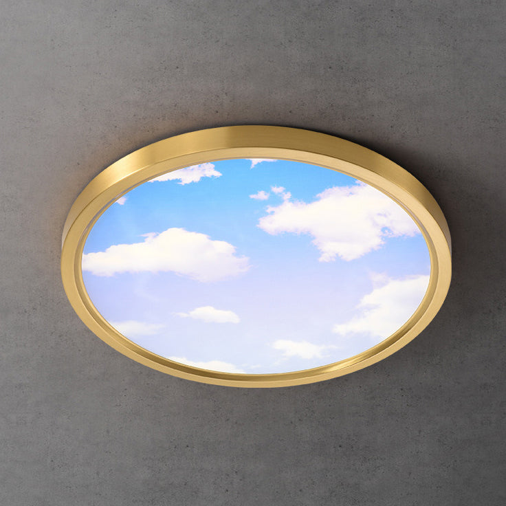 Modern Simplicity Full Copper Blue Sky Cloud Design Round Acrylic Shade LED Flush Mount Ceiling Light For Living Room