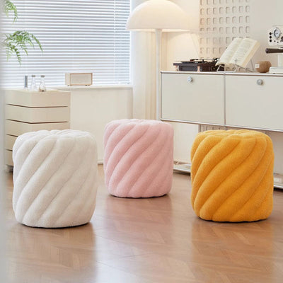 Contemporary Scandinavian Lambswool Round Vanity Stool For Bedroom