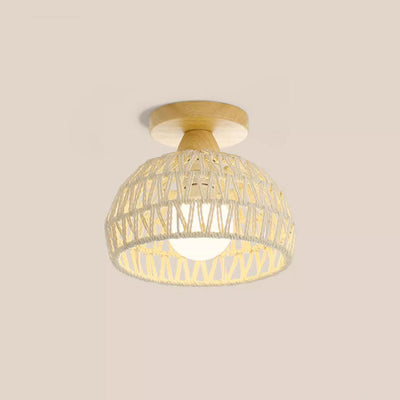 Traditional Japanese Rattan Art Round 1-Light Semi-Flush Mount Ceiling Light For Entryway