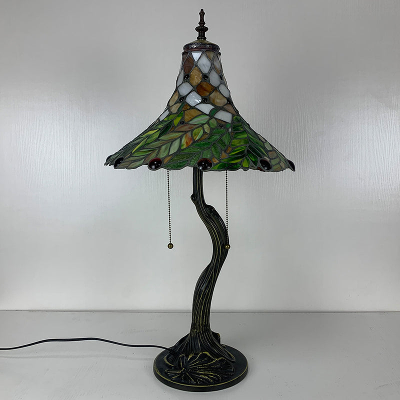 Traditional Tiffany Alloy Glass Horn Flower Leave 2-Light Table Lamp For Bedside