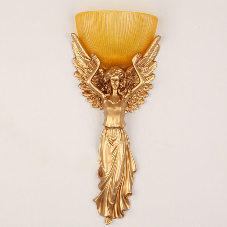 Traditional European Resin Glass Angel Statue 1-Light Wall Sconce Lamp For Living Room