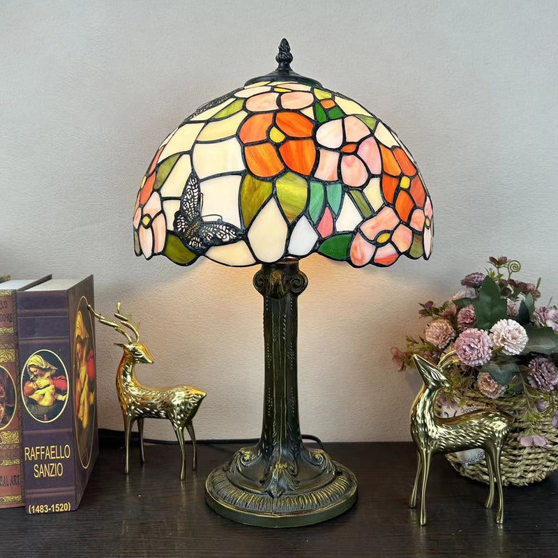 Traditional Tiffany Metal Hardware Glass Semicircular Dragonfly Flower Water Drop 1-Light Table Lamp For Bedroom