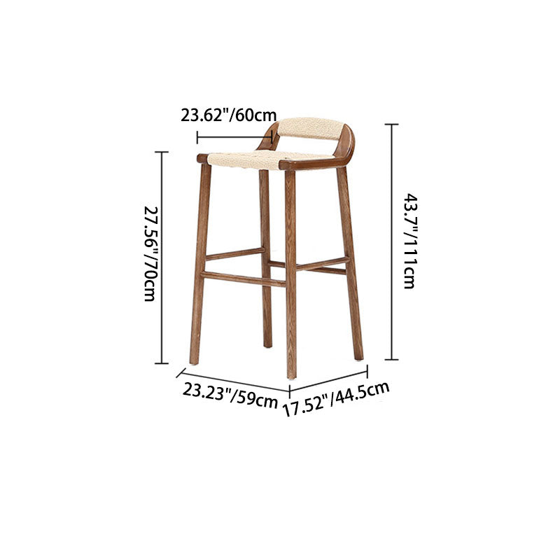 Contemporary Retro Square Kraft Paper Rope Weaving Solid Wood Bar Stool Low Back Footrest For Dining Room