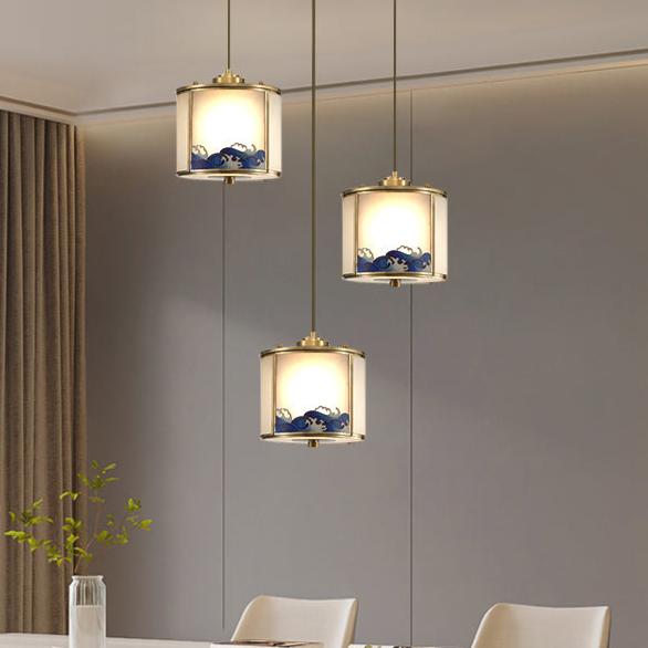 Traditional Chinese Brass Glass Cylinder 1-Light Pendant Light For Living Room